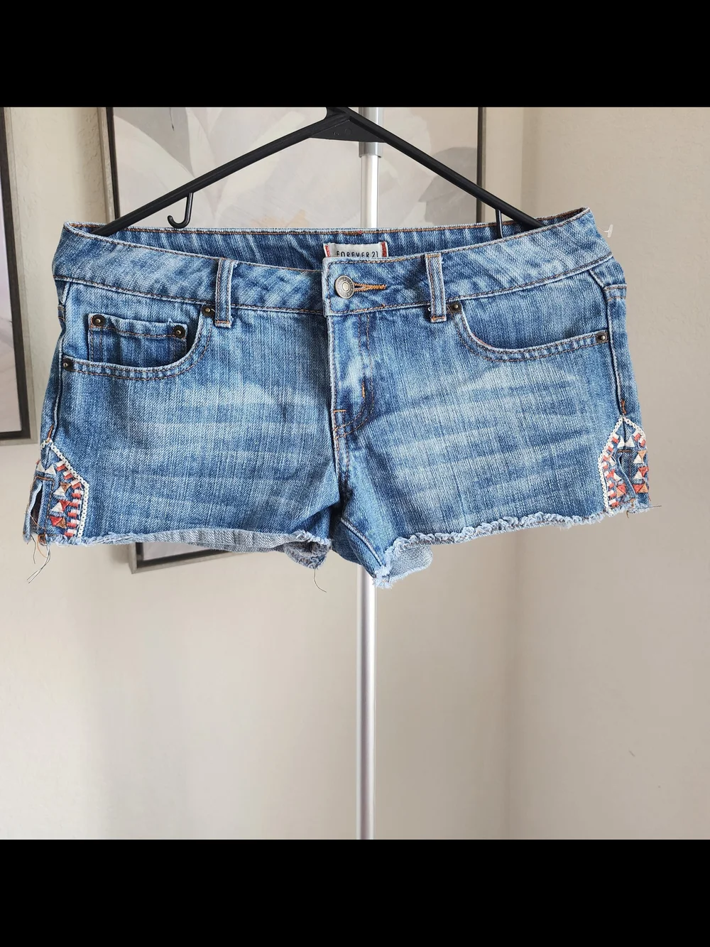 Forever 21 Light Blue Embroidered Side Trim Denim Shorts